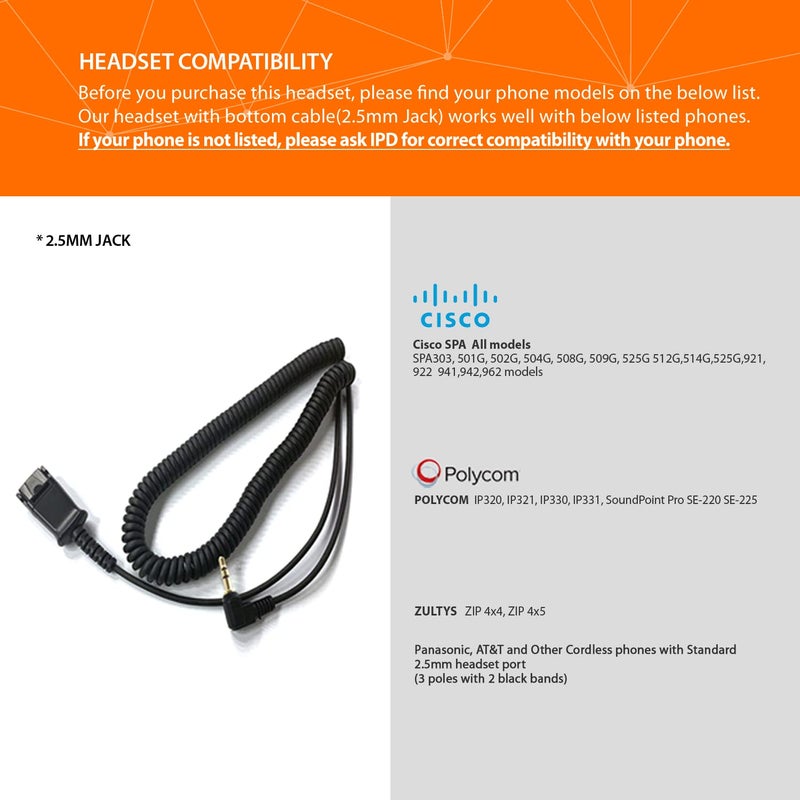IPD Phone Headset 2.5mm with Microphone Noise Cancelling for Office and Call Center Corded IPH-255 Double Ear- Compatible with Ciso SPA,Polycom 320,321,330 and Other Cordless Phones - Image 2